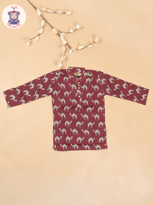 Maroon -  Boys Camel Printed Long Kurta