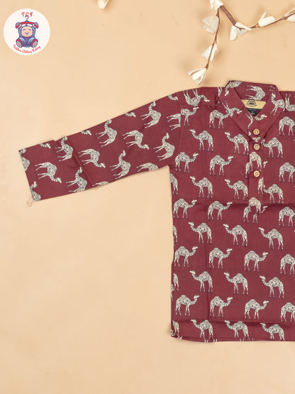 Maroon -  Boys Camel Printed Long Kurta