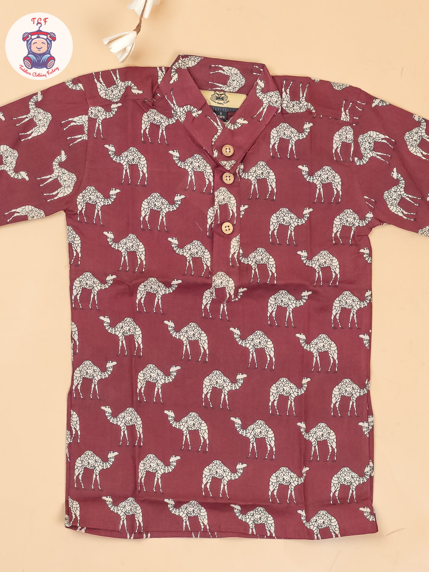 Maroon -  Boys Camel Printed Long Kurta