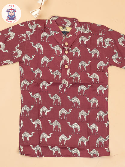 Maroon -  Boys Camel Printed Long Kurta