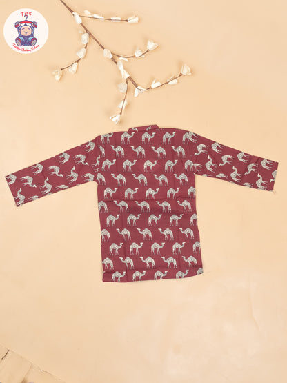 Maroon -  Boys Camel Printed Long Kurta