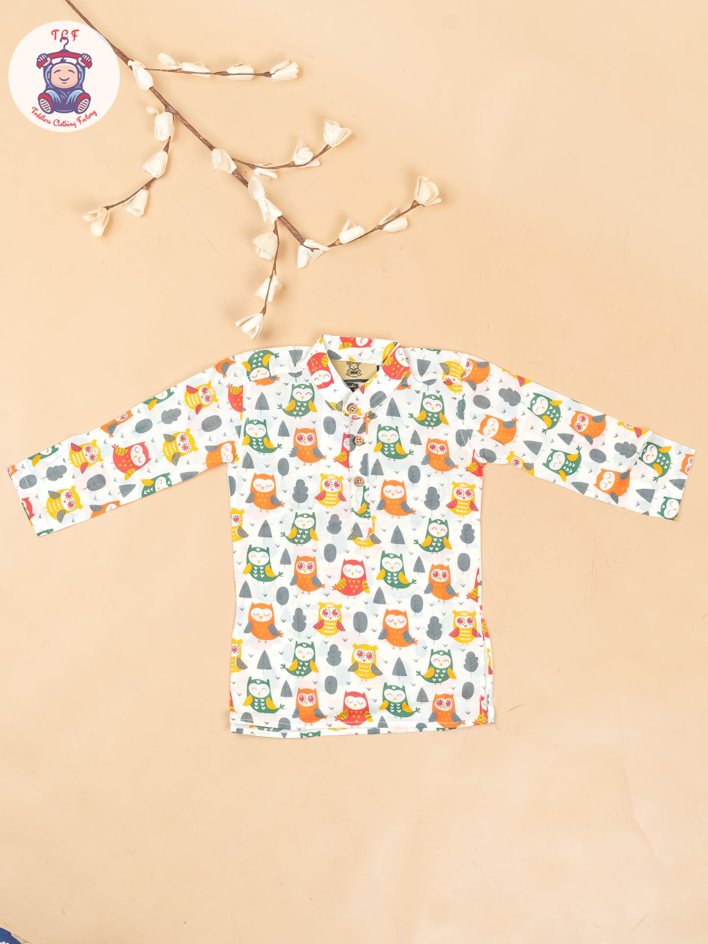 Green & Orange - Boys Owl Printed Long Kurta