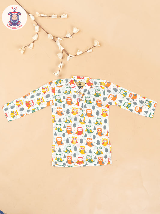 Green & Orange - Boys Owl Printed Long Kurta