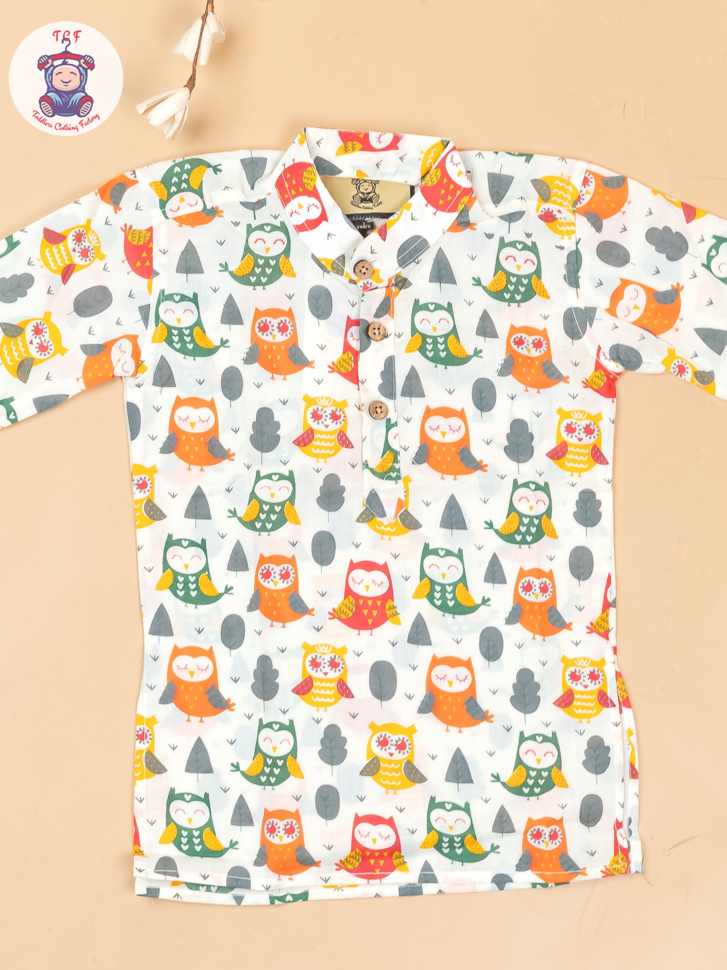 Green & Orange - Boys Owl Printed Long Kurta