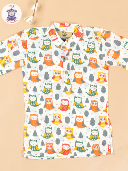 Green & Orange - Boys Owl Printed Long Kurta