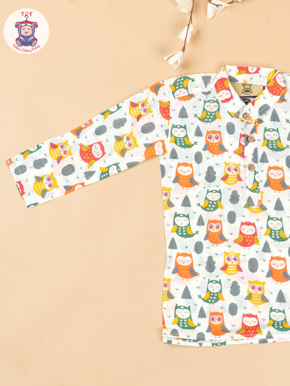 Green & Orange - Boys Owl Printed Long Kurta