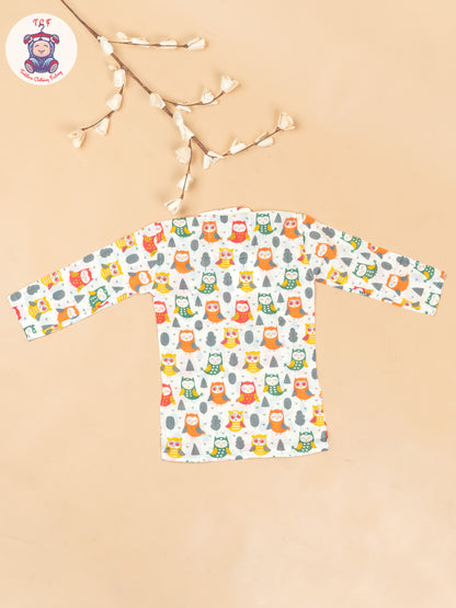 Green & Orange - Boys Owl Printed Long Kurta