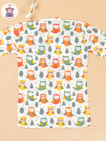 Green & Orange - Boys Owl Printed Long Kurta