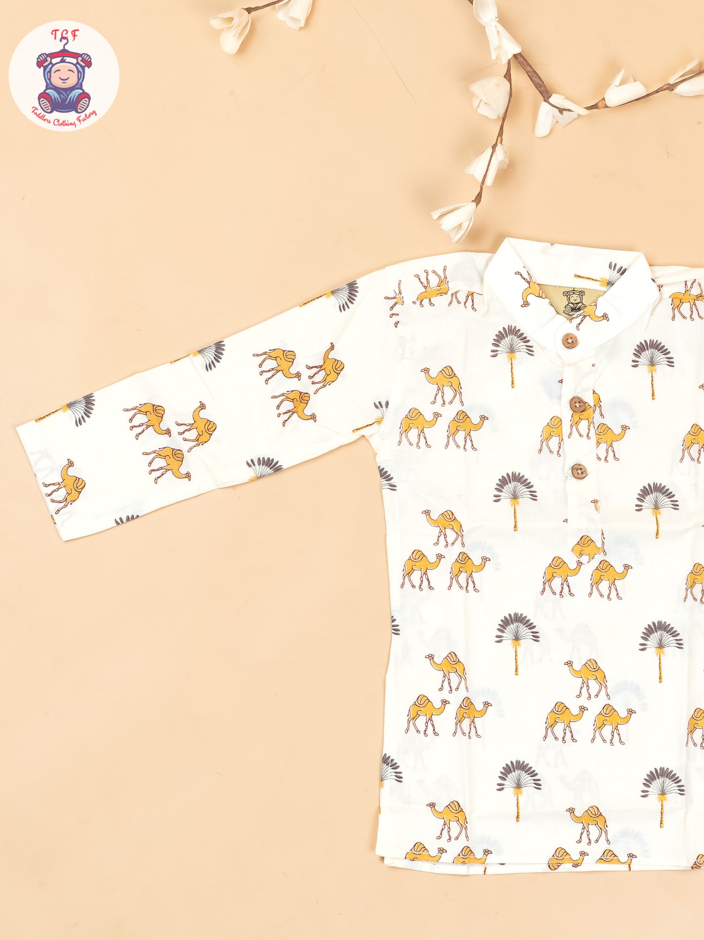 Half White -  Boys Camel Printed Long Kurta