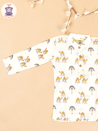 Half White -  Boys Camel Printed Long Kurta