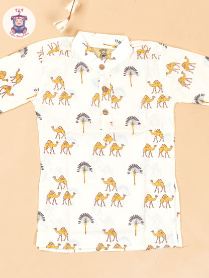 Half White -  Boys Camel Printed Long Kurta