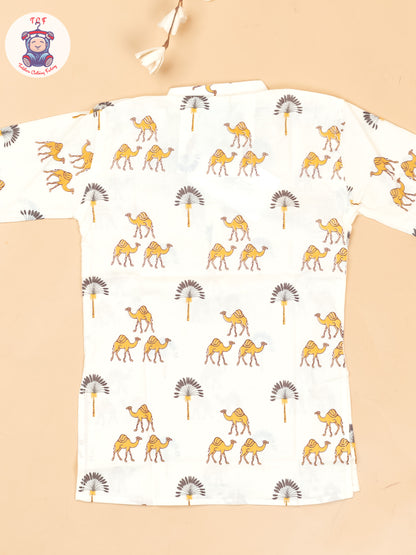 Half White -  Boys Camel Printed Long Kurta