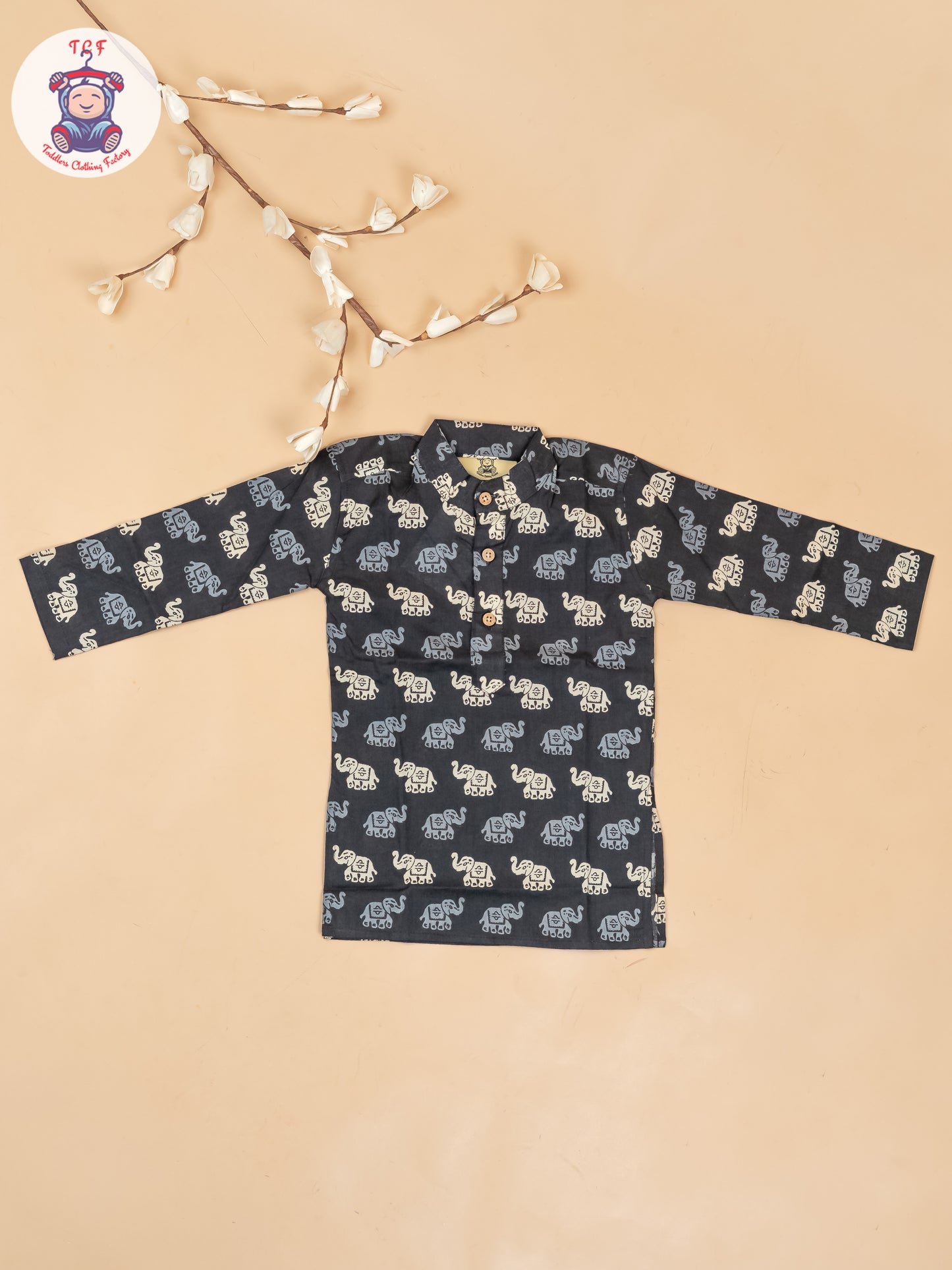 Black - Boys Elephant Printed Long Kurta