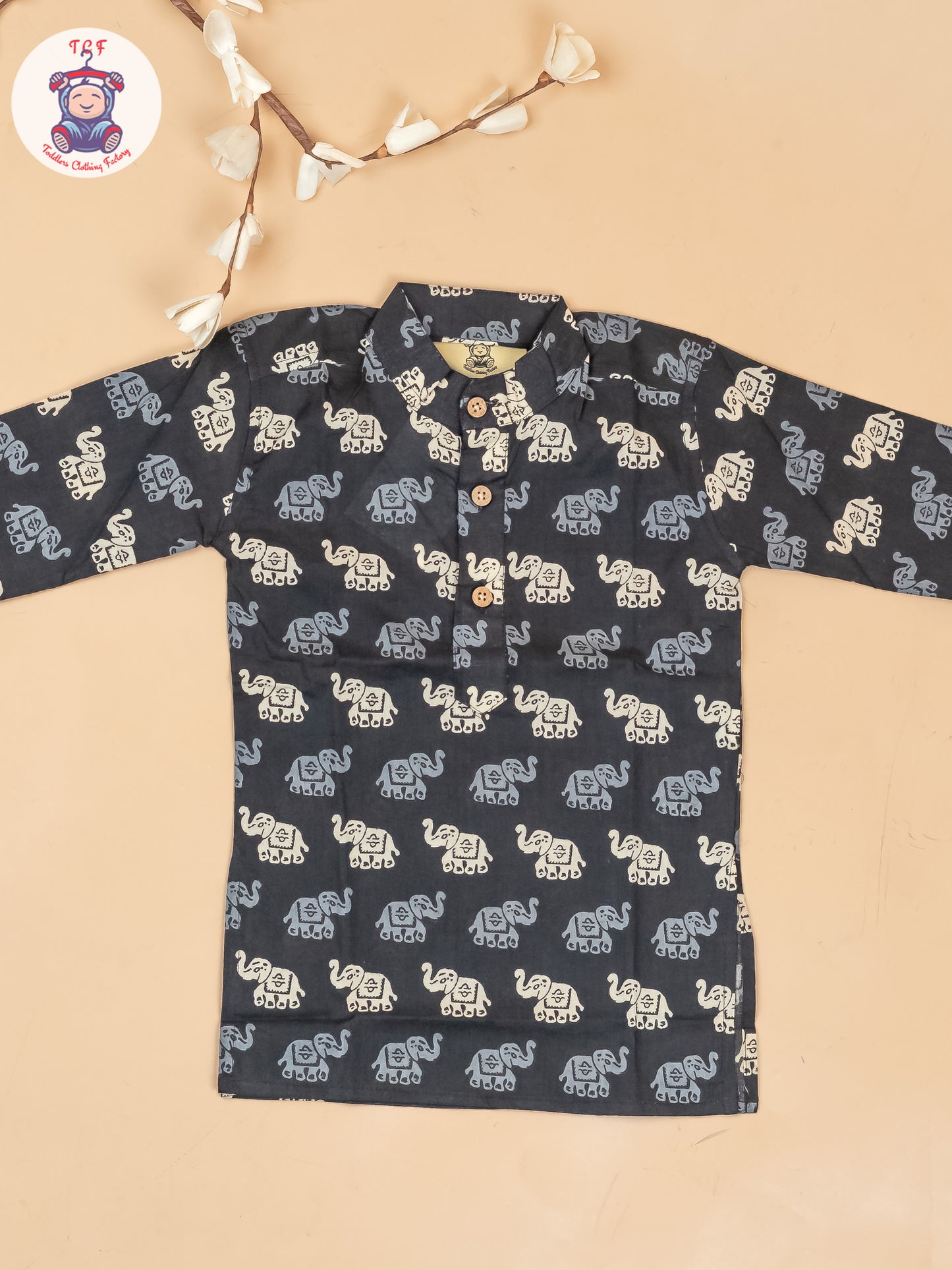 Black - Boys Elephant Printed Long Kurta