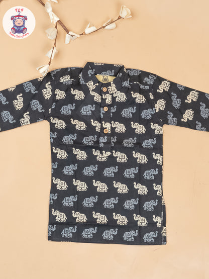 Black - Boys Elephant Printed Long Kurta