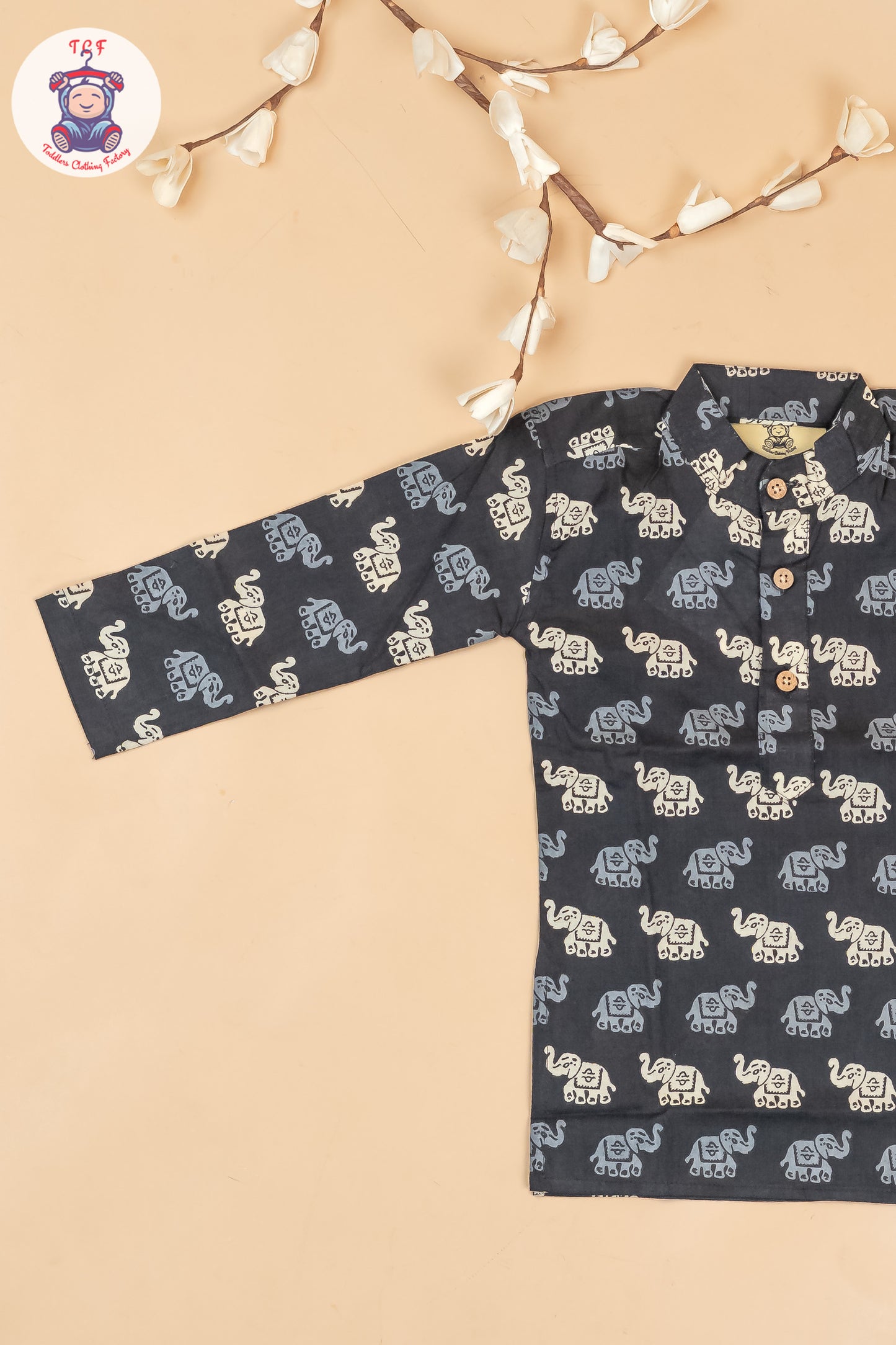 Black - Boys Elephant Printed Long Kurta
