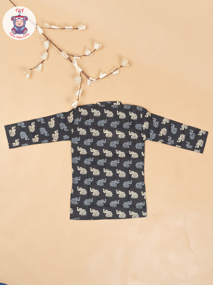 Black - Boys Elephant Printed Long Kurta