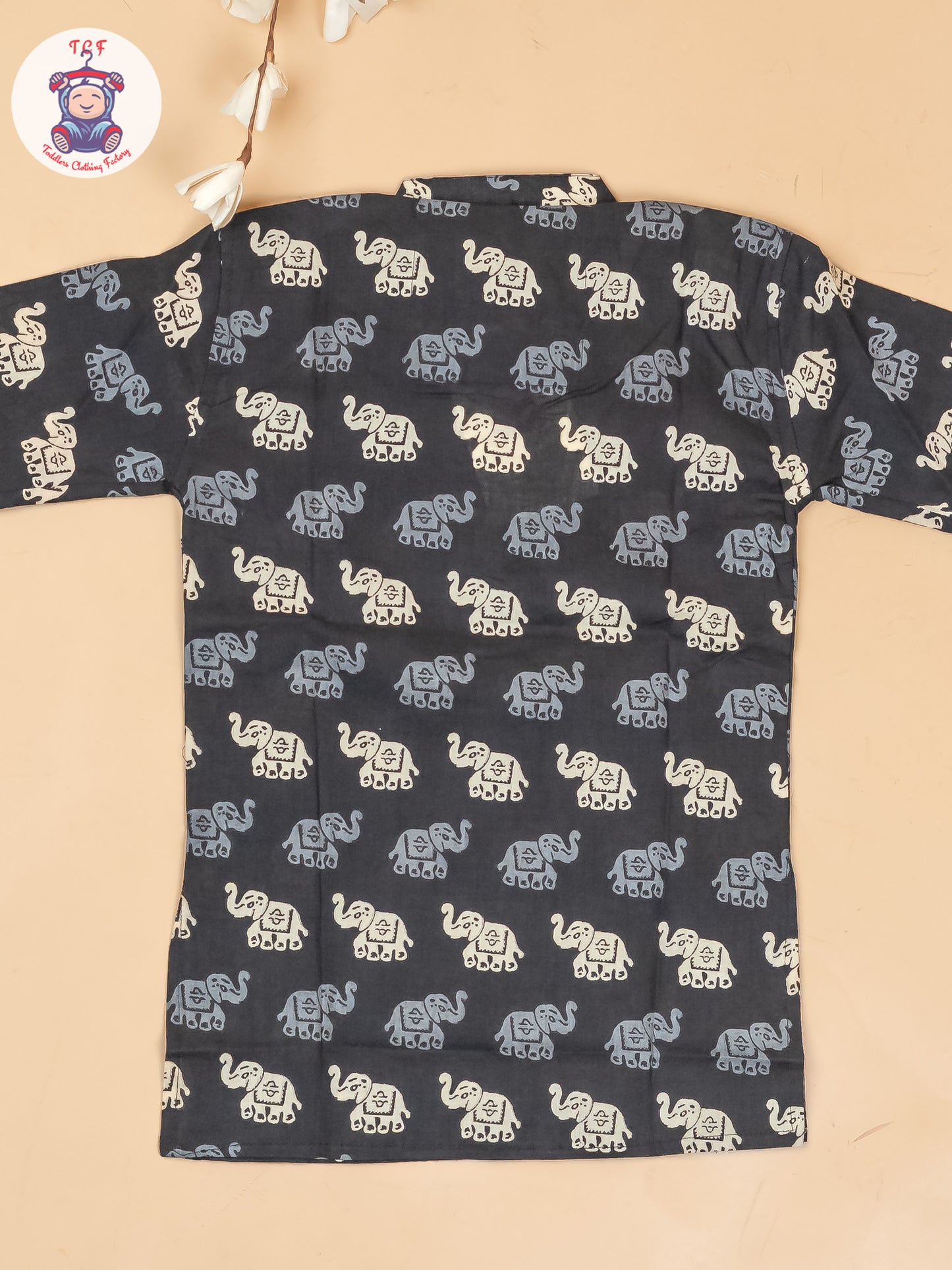 Black - Boys Elephant Printed Long Kurta