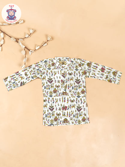 White - Boys Kalamkari Printed Long Kurta