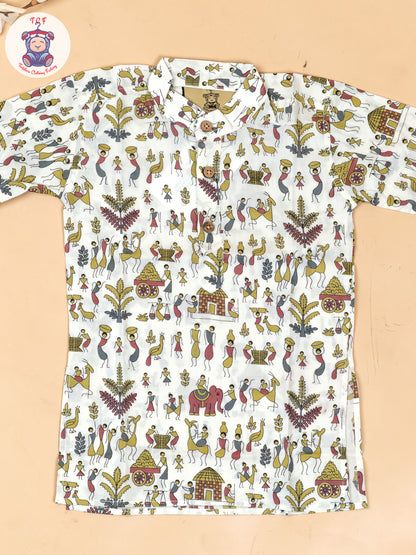 White - Boys Kalamkari Printed Long Kurta