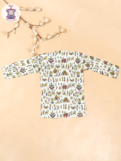 White - Boys Kalamkari Printed Long Kurta