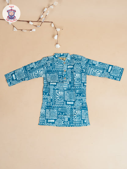 Green & White - Boy Printed Long Kurta