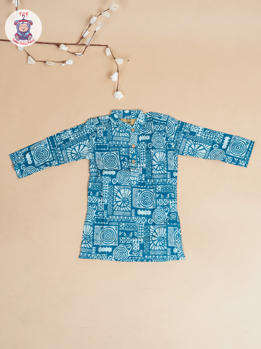 Green & White - Boy Printed Long Kurta