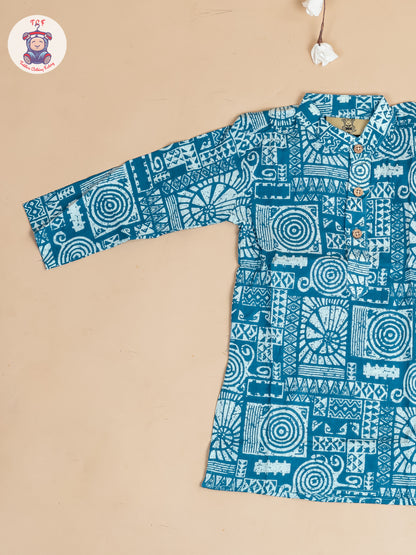 Green & White - Boy Printed Long Kurta