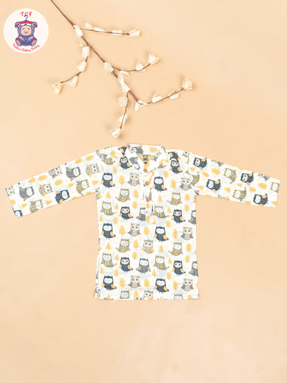 White & Grey - Boys Owl Printed Long Kurta