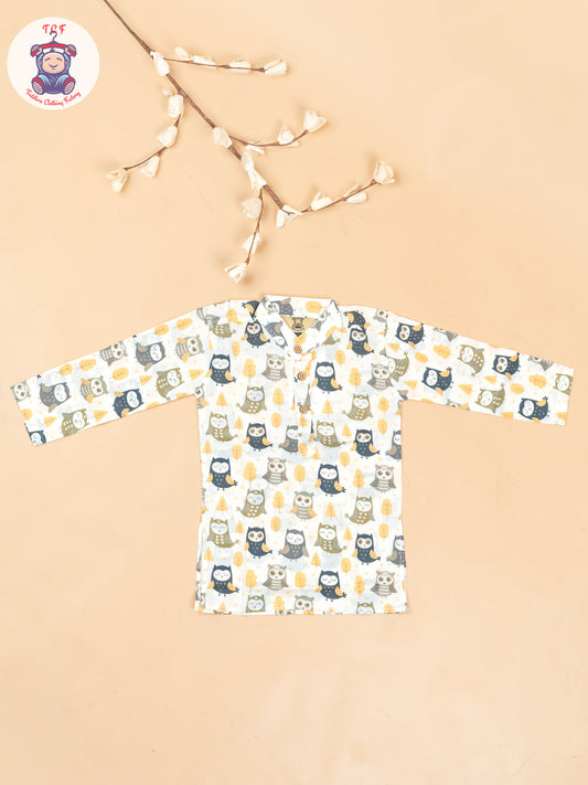 White & Grey - Boys Owl Printed Long Kurta