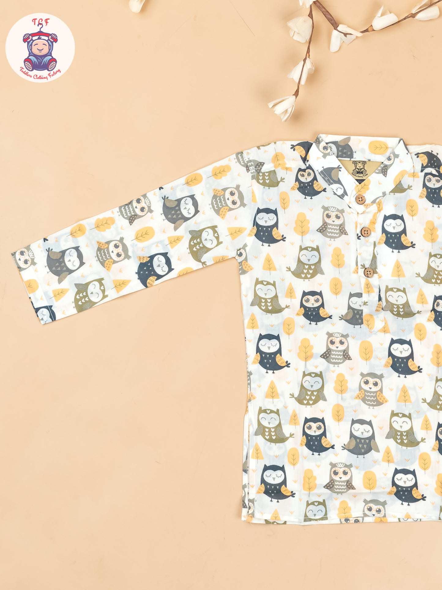 White & Grey - Boys Owl Printed Long Kurta