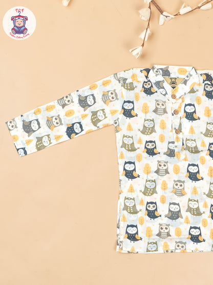 White & Grey - Boys Owl Printed Long Kurta