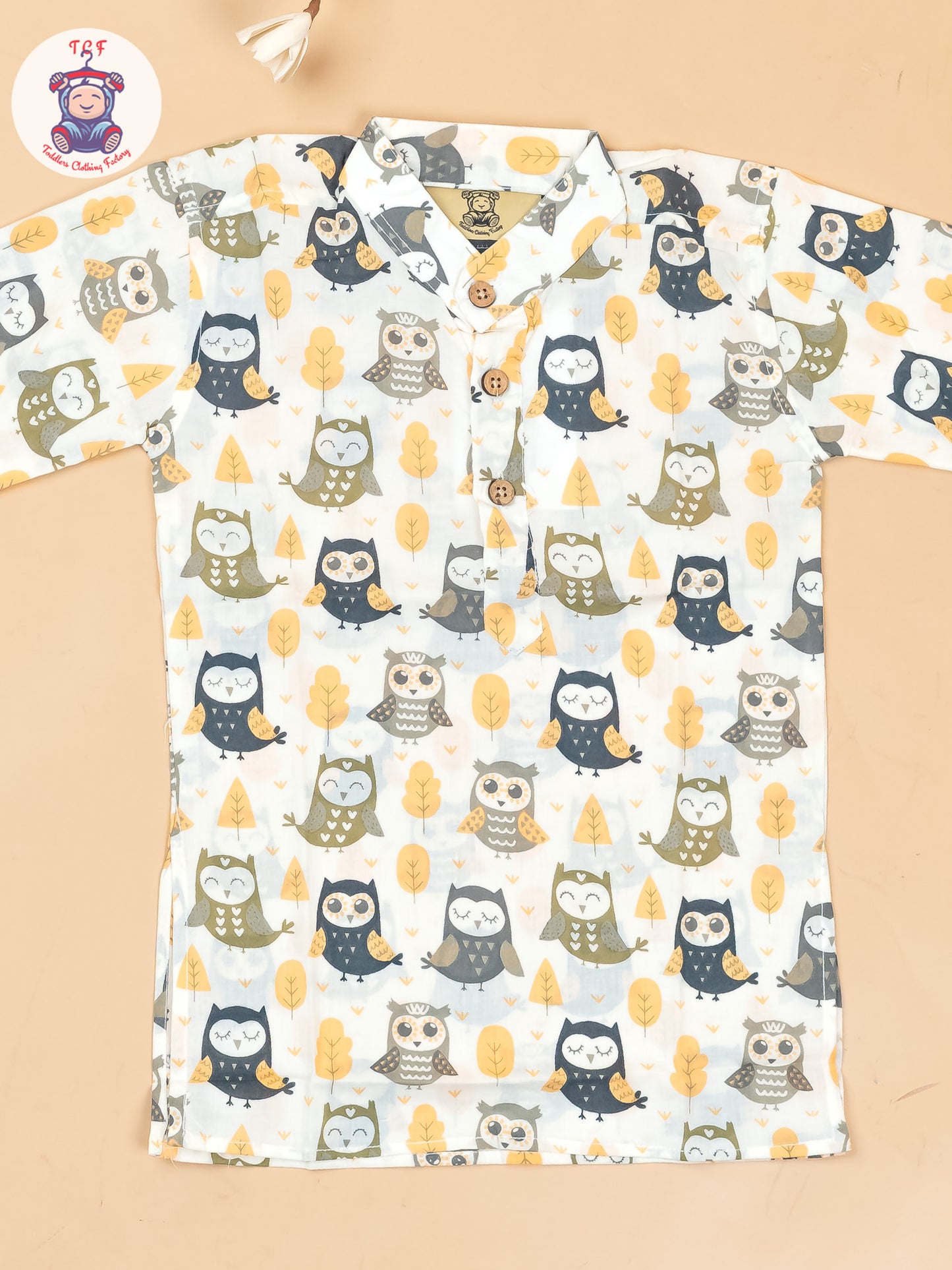 White & Grey - Boys Owl Printed Long Kurta