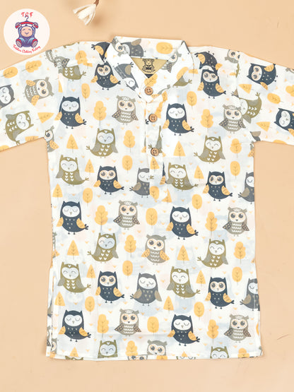 White & Grey - Boys Owl Printed Long Kurta