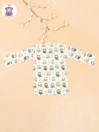White & Grey - Boys Owl Printed Long Kurta