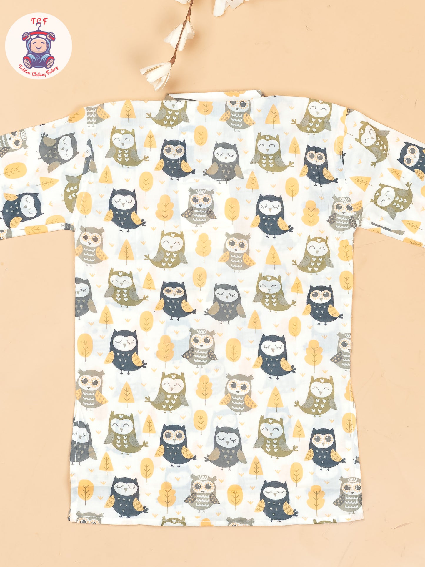 White & Grey - Boys Owl Printed Long Kurta