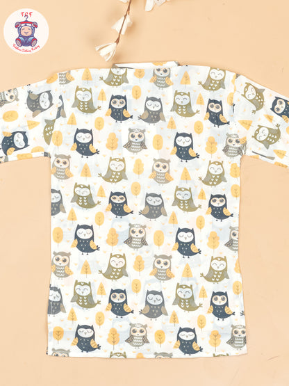 White & Grey - Boys Owl Printed Long Kurta