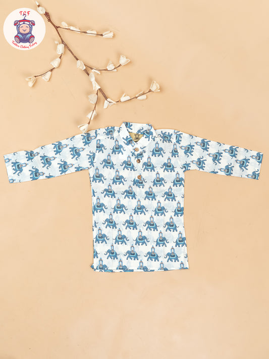 White & Grey - Boys Elephant Printed Long Kurta