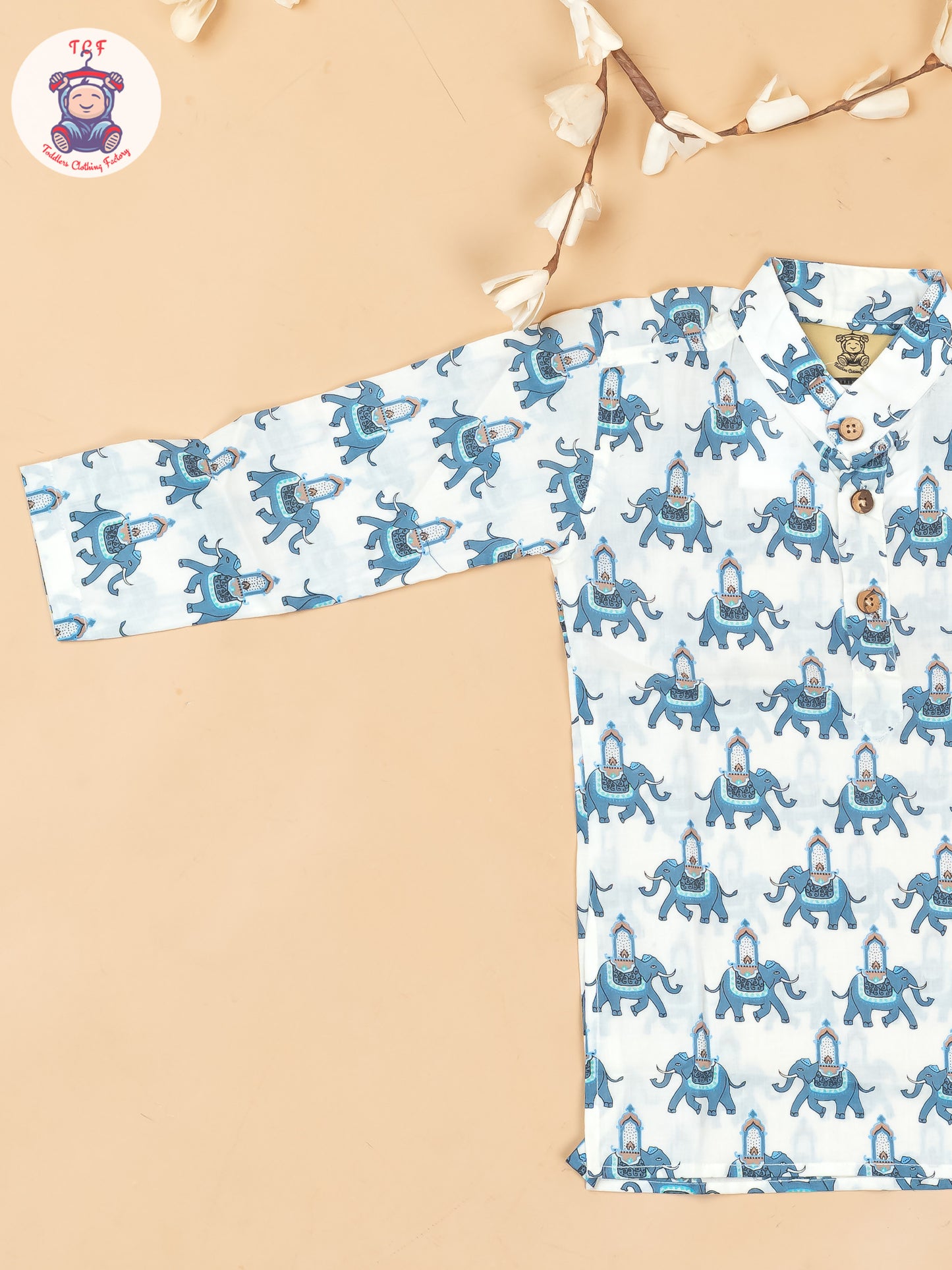 White & Grey - Boys Elephant Printed Long Kurta