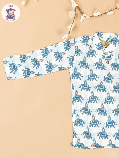 White & Grey - Boys Elephant Printed Long Kurta