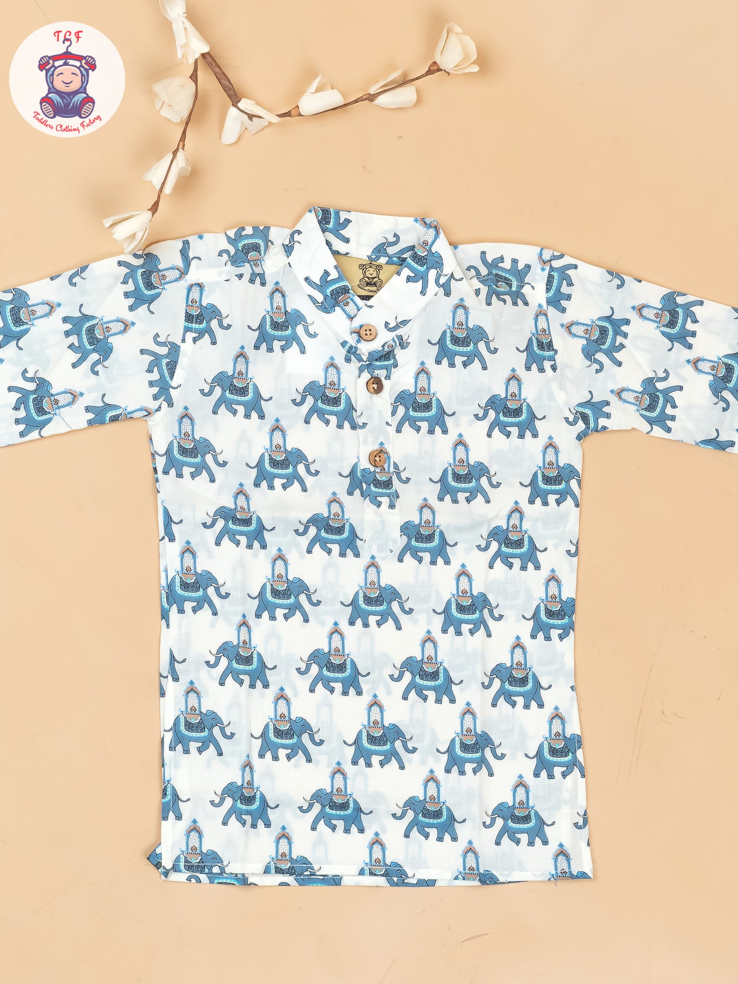 White & Grey - Boys Elephant Printed Long Kurta