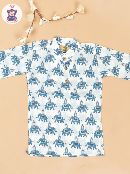 White & Grey - Boys Elephant Printed Long Kurta