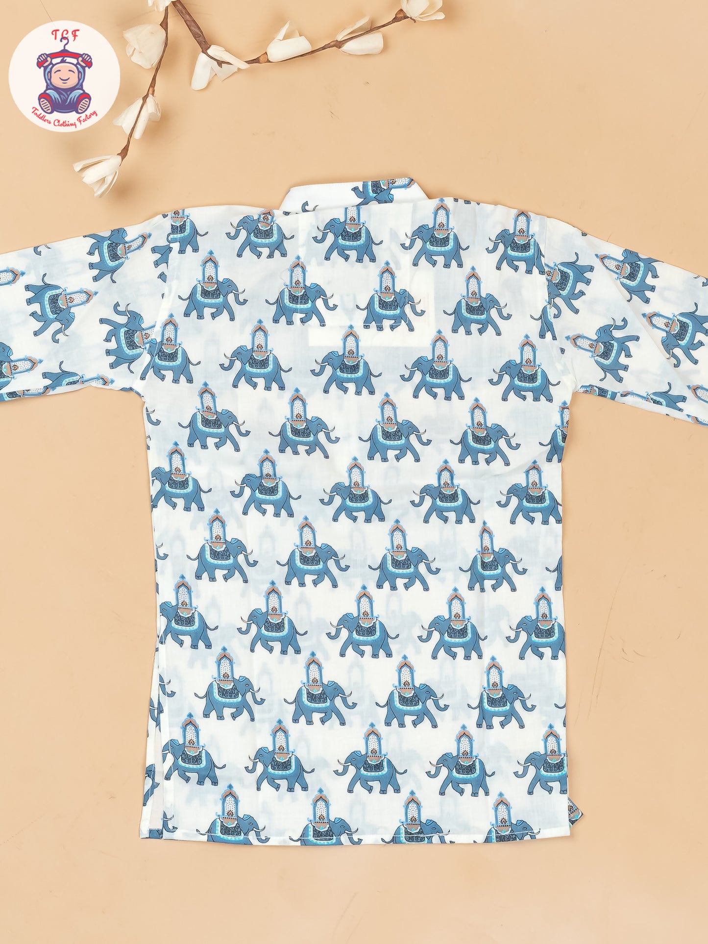 White & Grey - Boys Elephant Printed Long Kurta
