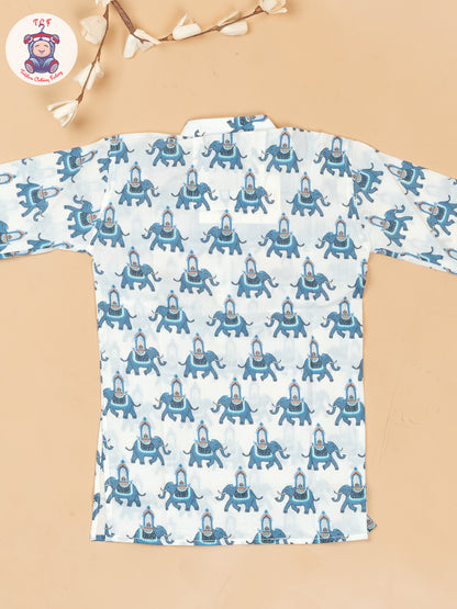 White & Grey - Boys Elephant Printed Long Kurta