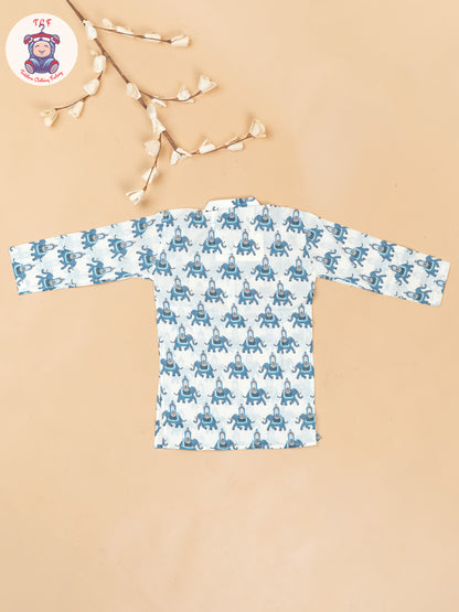 White & Grey - Boys Elephant Printed Long Kurta