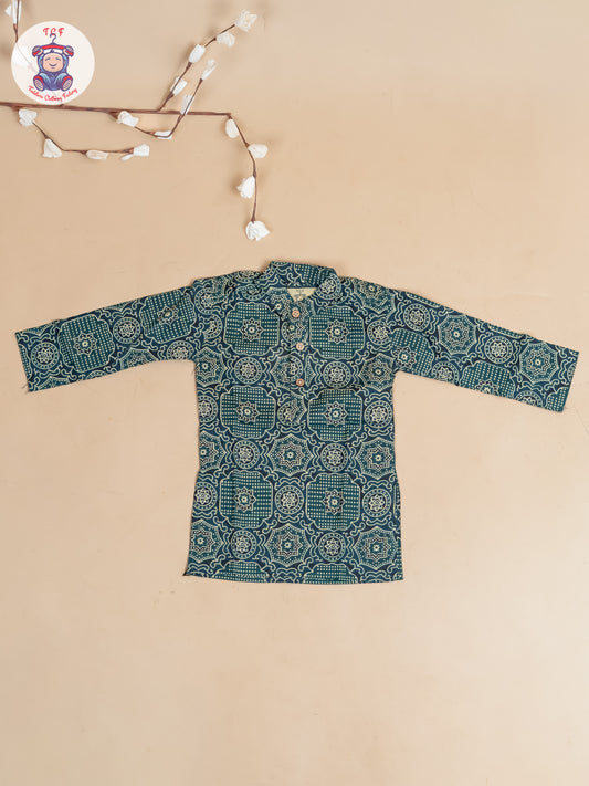 Dark Green - Boys Printed Long Kurta