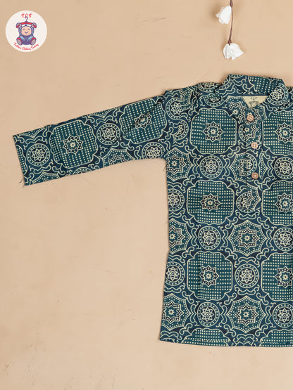Dark Green - Boys Printed Long Kurta