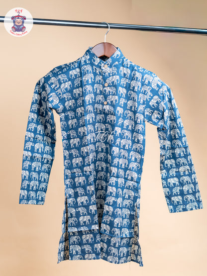 Blue - Boys Elephant Printed Long Kurta