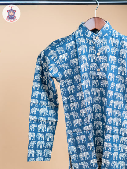 Blue - Boys Elephant Printed Long Kurta
