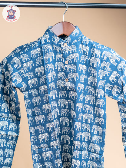Blue - Boys Elephant Printed Long Kurta